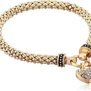 NINE WEST Women's Boxed Bracelet Pave Heart Stretch, Gold/Crystal